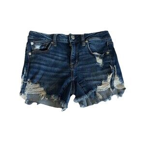 American Eagle Midi Jean Short Sz 8 Dark Wash Blue Distressed Super Stretch